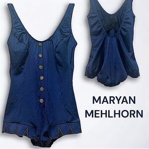 VTG 70s Maryan Mehlhorn Atelier-Made Navy Swimsuit w Gold Embroidery Germany